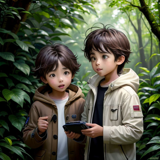 two children standing in a forest looking at a tablet computer screen and holding a remote control in their hands