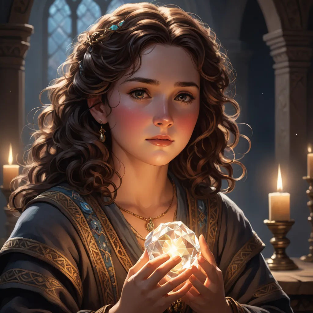 a woman holding a crystal ball in her hands with candles in the background and a window behind her with a lit candle, fantasy art, a detailed painting, Charlie Bowater, trending on art station