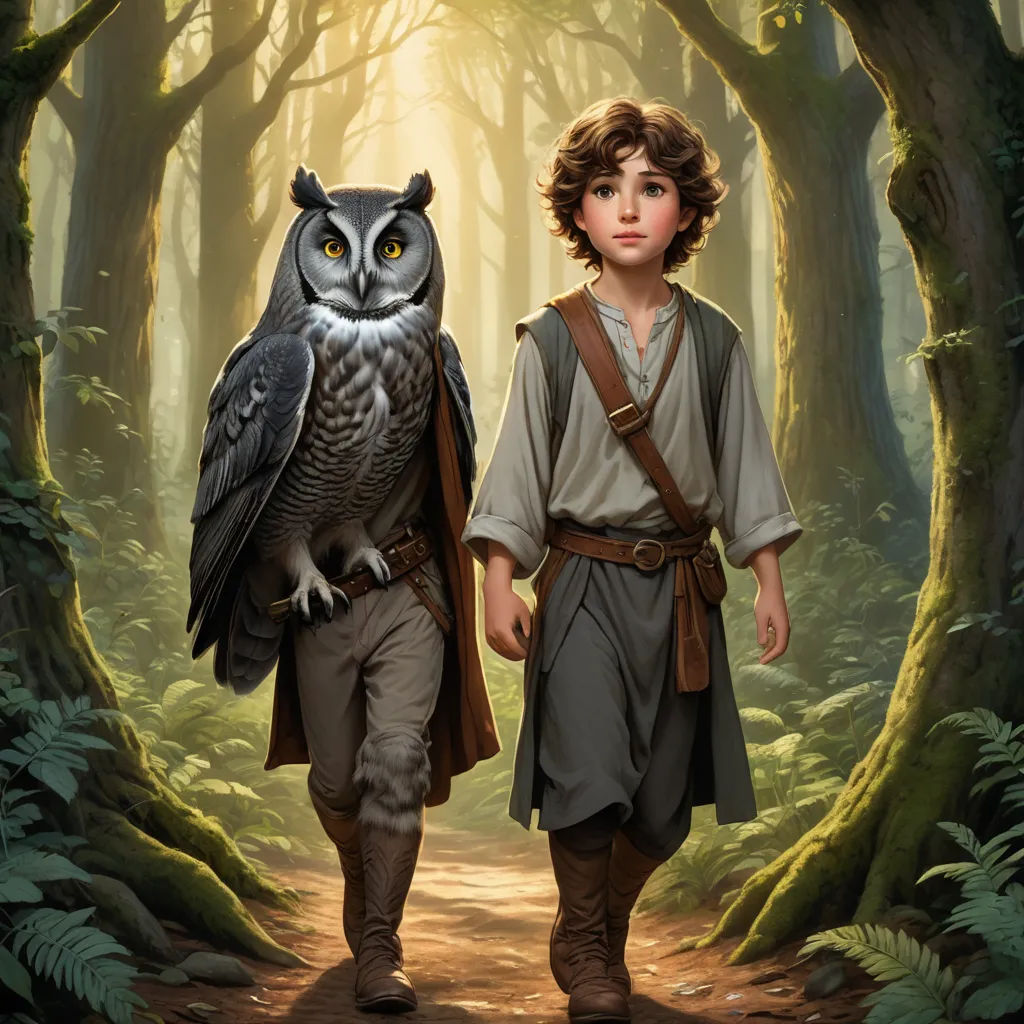 a boy and an owl walking through a forest with trees and leaves on the ground, with a man in a brown outfit, fantasy art, a storybook illustration, Brothers Hildebrandt, promotional image