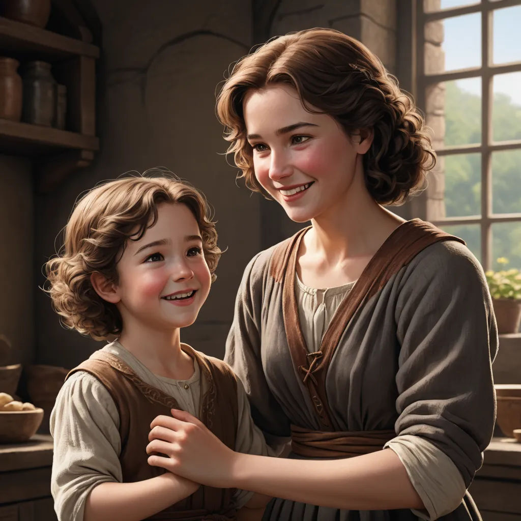 a painting of a woman and a child smiling together in a kitchen with a window behind them and a potted plant in the background, american scene painting, a detailed matte painting, Anne Said, official art