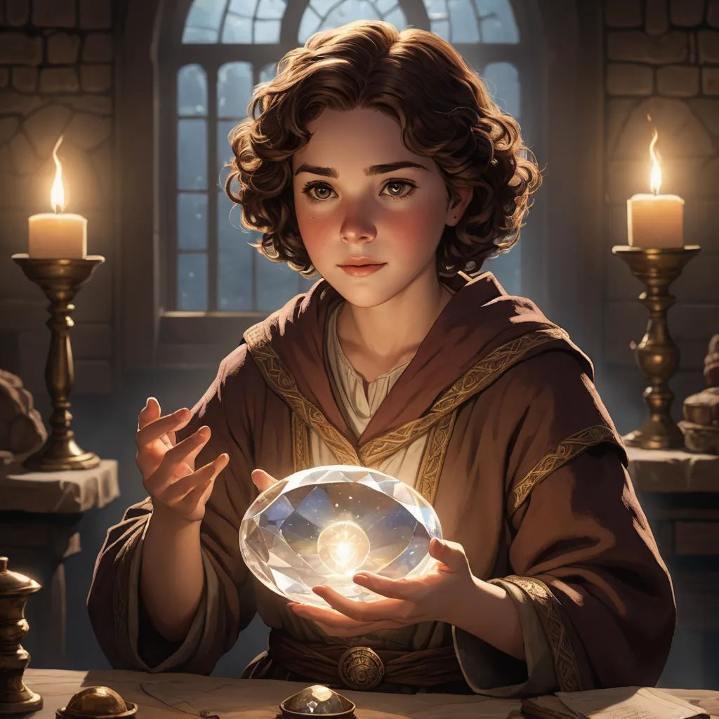 a woman holding a crystal ball in her hands with a candle in the background and a window in the background, fantasy art, a detailed painting, Clint Cearley, rossdraws global illumination