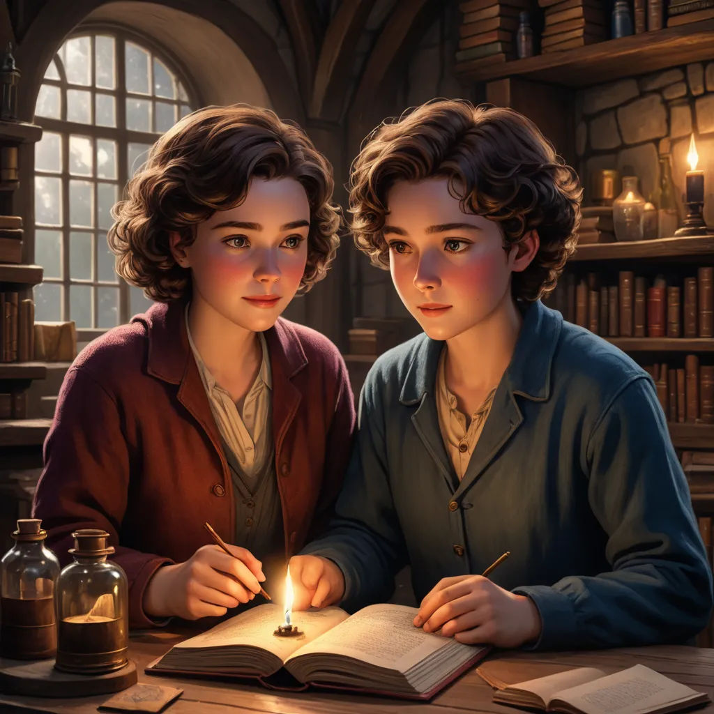 a couple of people sitting at a table with a book and a candle in front of them on a table, fantasy art, a storybook illustration, Brothers Hildebrandt, rossdraws global illumination