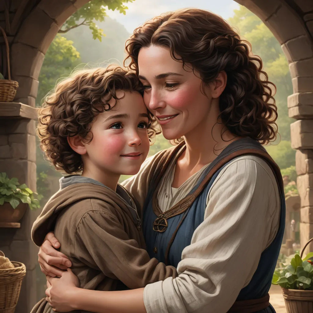 a painting of a woman hugging a child in a garden with a stone archway in the background and a tree, fantasy art, a storybook illustration, Brothers Hildebrandt, professional digital painting