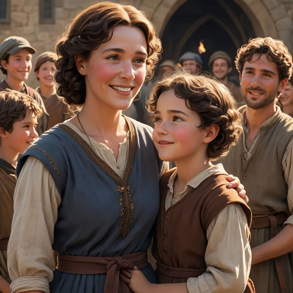 a woman and a child are standing in front of a group of people in medieval clothing and smiling at the camera, antipodeans, a renaissance painting, Anne Said, promotional image
