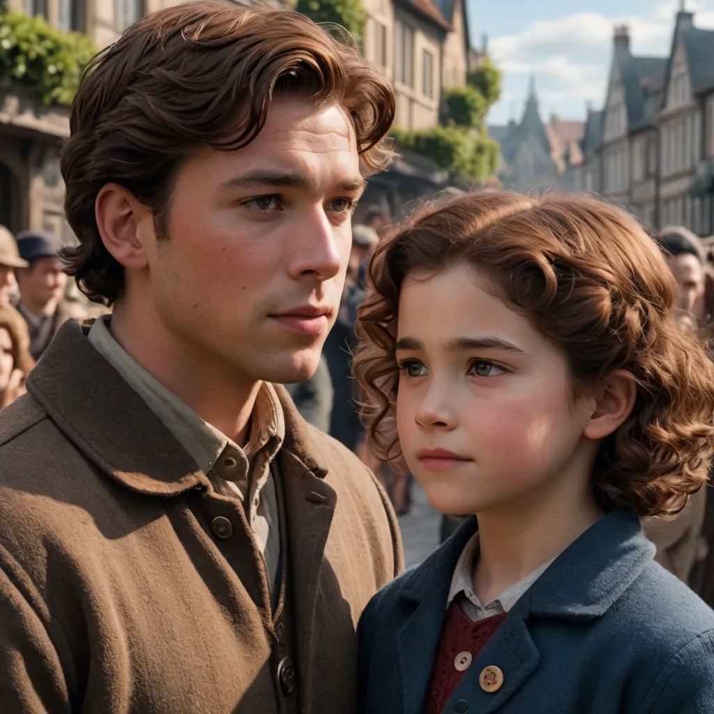 a man and a woman standing in front of a crowd of people in a town square, with buildings in the background, arts and crafts movement, an impressionist painting, Anne Said, movie still