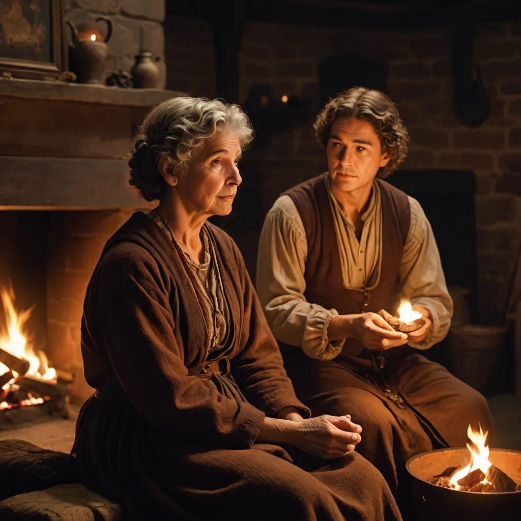 a man and woman sitting in front of a fire place holding candles in their hands and looking at each other, arts and crafts movement, a still life, Anne Said, promotional image