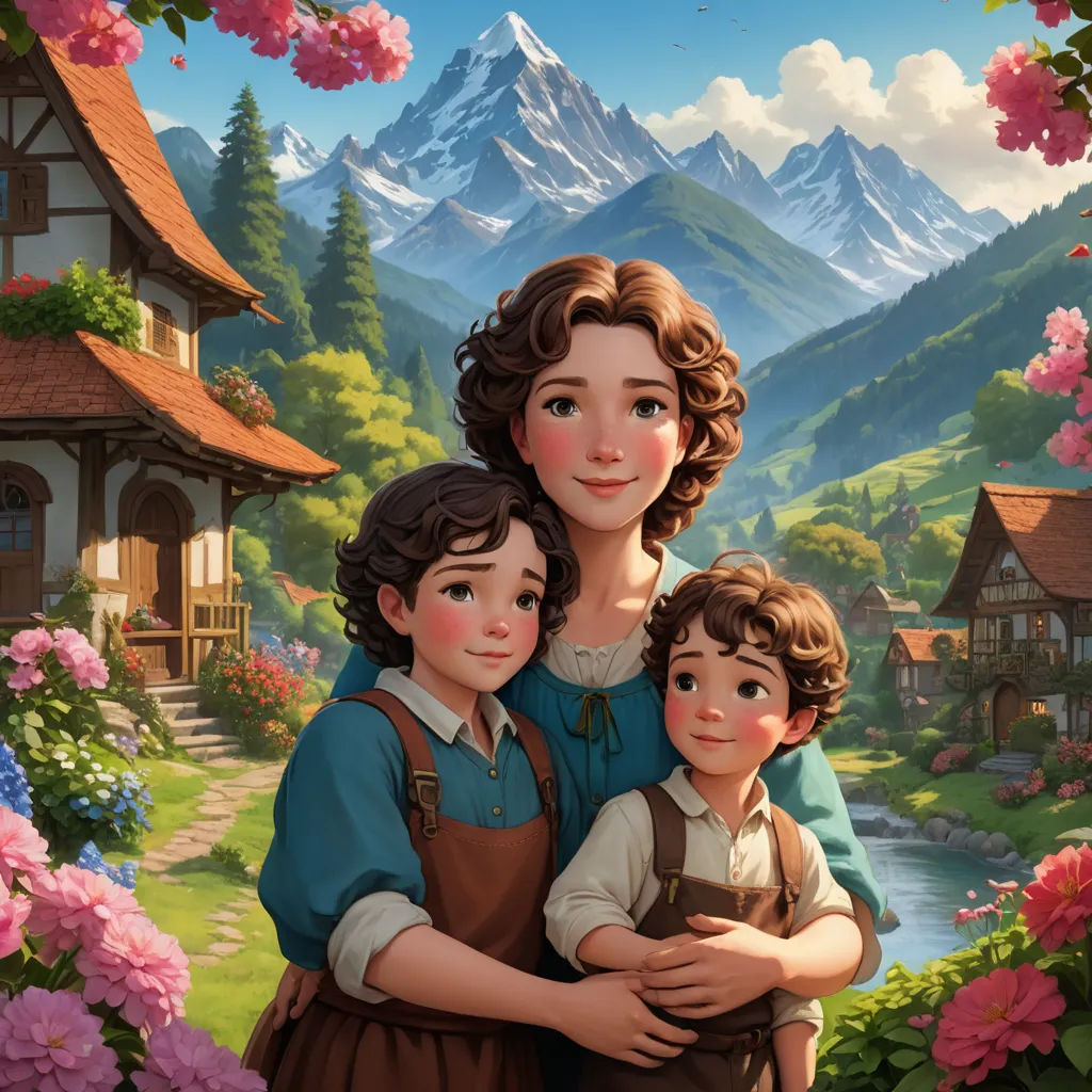 a painting of a mother and two children in front of a mountain scene with flowers and a house in the background, german romanticism, a storybook illustration, Brothers Hildebrandt, kinkade