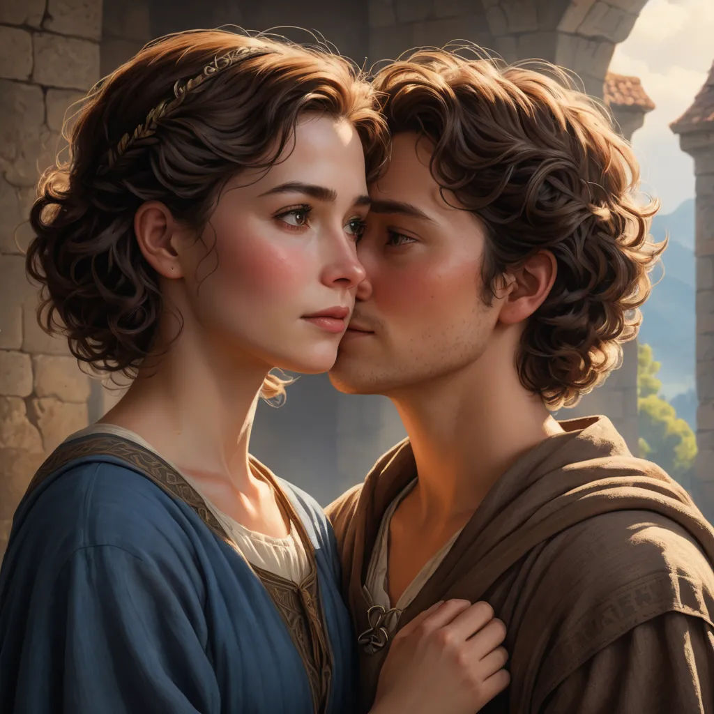 a painting of a couple kissing each other in front of a castle wall with a castle in the background, fantasy art, a detailed painting, Clint Cearley, highly detailed digital painting