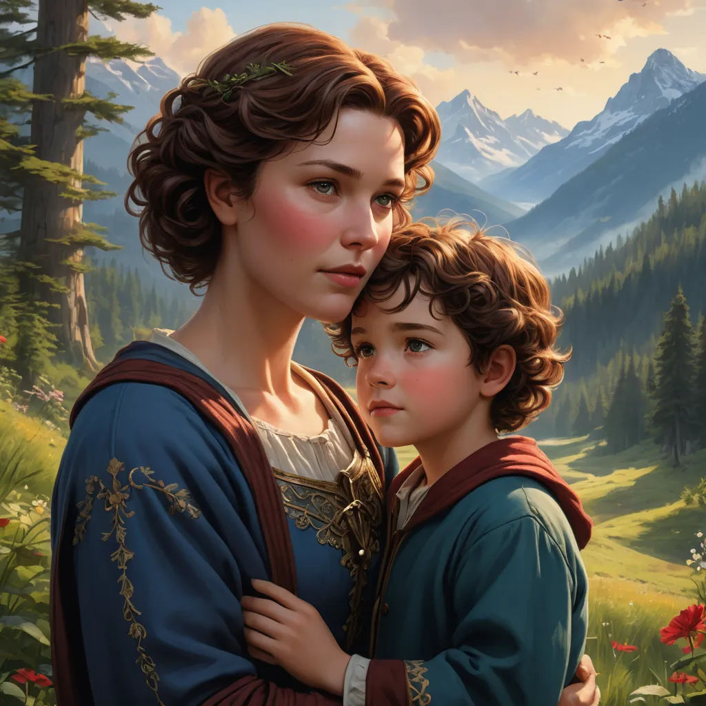 a painting of a mother and child in a mountain scene with flowers and trees in the background, with a mountain range in the background, fantasy art, a storybook illustration, Brothers Hildebrandt, trending on art station