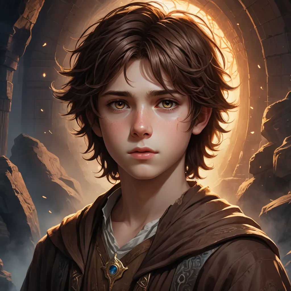 a young boy with a brown coat and a light shining through his eyes in a cave with a glowing light, fantasy art, a character portrait, Clint Cearley, stanley artgerm lau