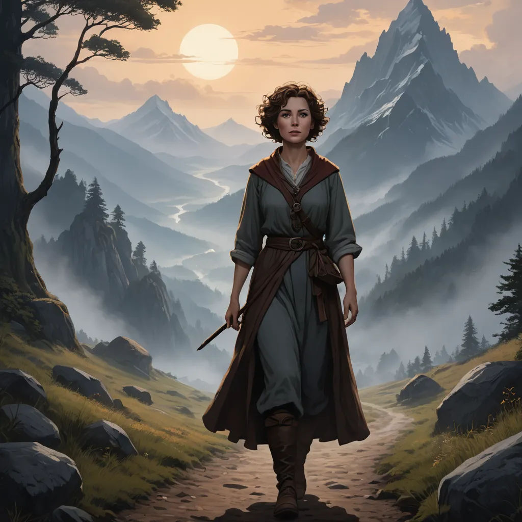 a painting of a woman walking down a path in a mountainous area with mountains in the background and a sun setting, fantasy art, a character portrait, Christophe Vacher, epic fantasy character art