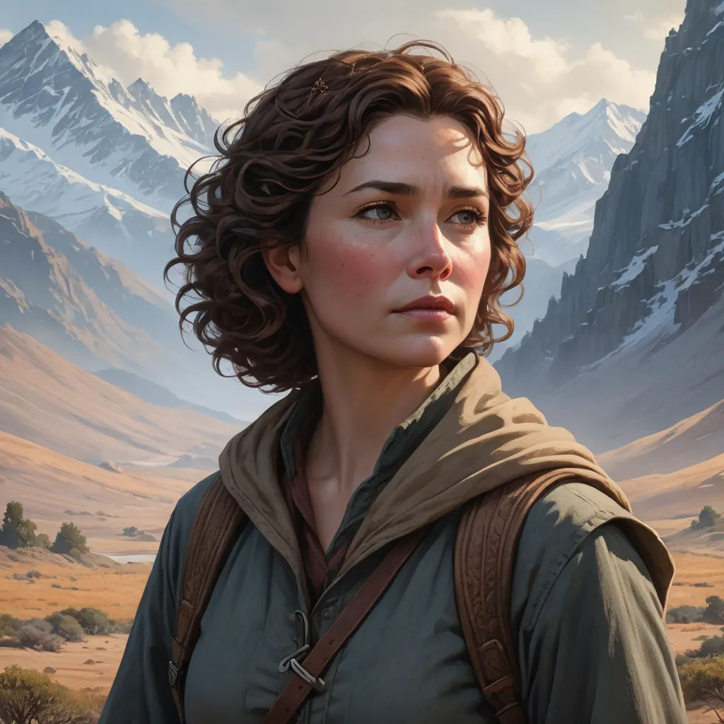 a painting of a woman in a green shirt and brown backpack in front of mountains and a valley with snow capped peaks, altermodern, a character portrait, Clint Cearley, magic the gathering artwork