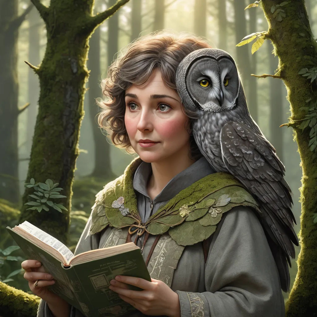 a woman in a forest with an owl on her head reading a book while standing next to a tree, fantasy art, a storybook illustration, Brad Kunkle, fantasy character portrait