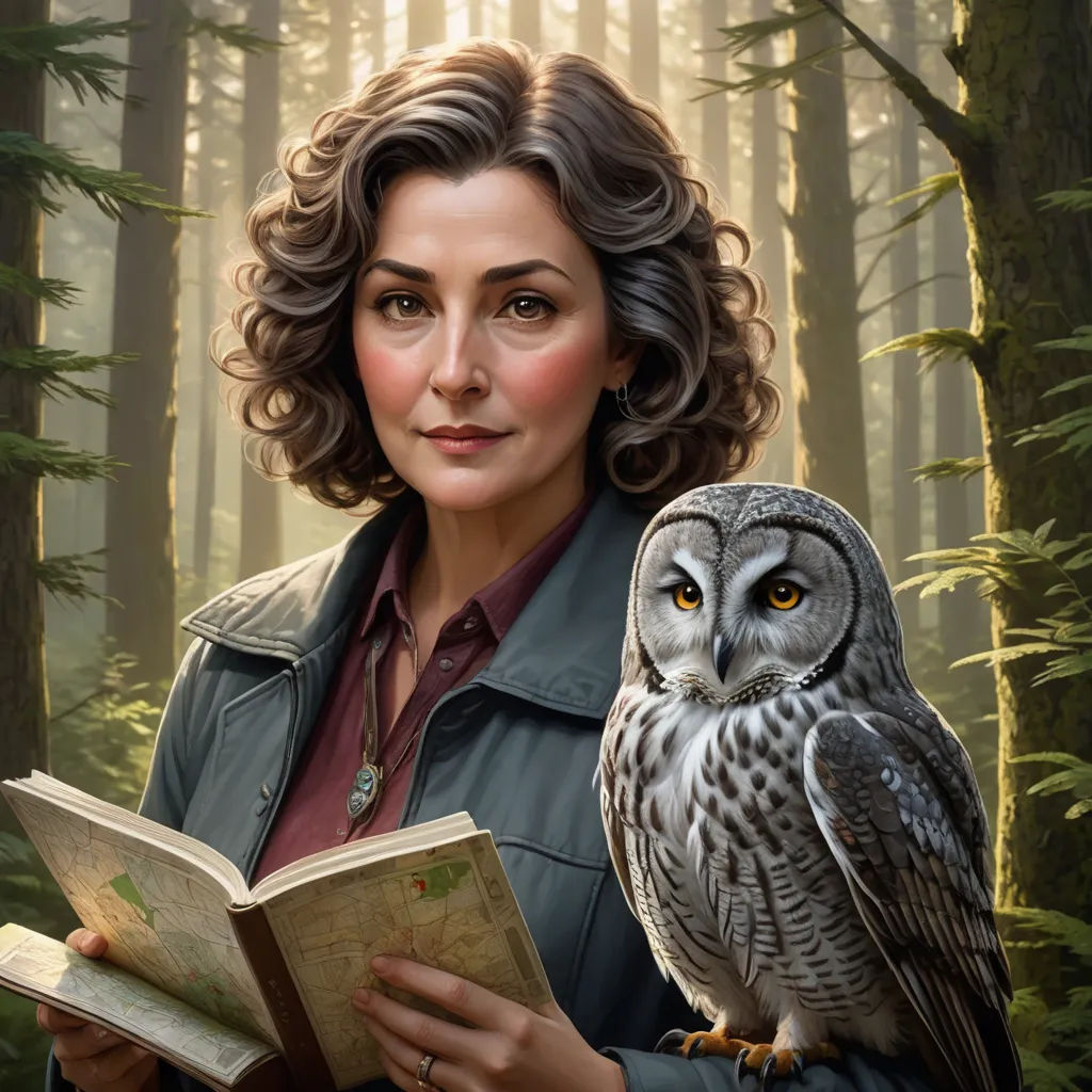 a woman holding an owl in a forest with a book in her hands and a book in her hand, sots art, a character portrait, Ada Gladys Killins, official art