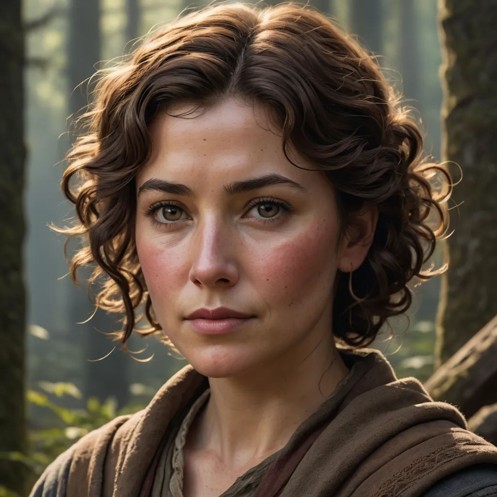 a woman with curly hair and a brown hoodie in a forest with trees and bushes behind her, looking at the camera, renaissance, a character portrait, Eve Ryder, leesha hannigan