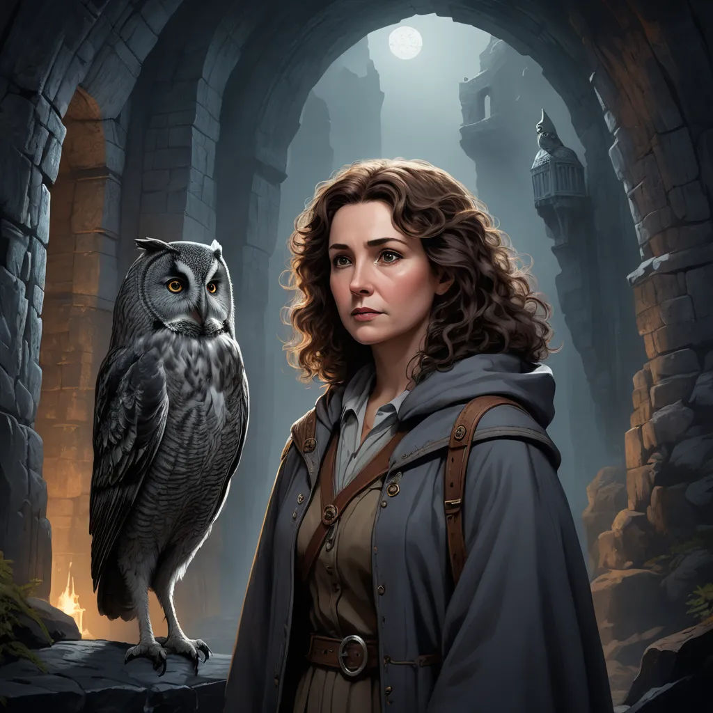 a woman in a hooded jacket standing next to an owl on a rock wall in a cave with a full moon in the background, fantasy art, a character portrait, Ada Gladys Killins, fantasy character portrait