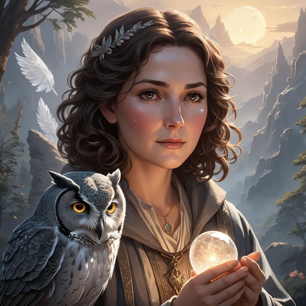 a woman holding an owl and a crystal ball in her hands with a mountain background behind her and a full moon in her hand, fantasy art, a detailed painting, Clint Cearley, fantasy character portrait