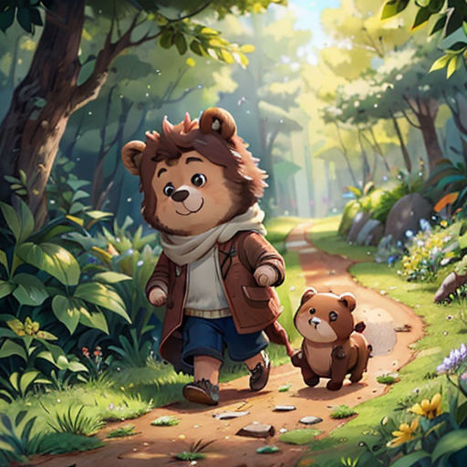 a bear and her cub are walking through the woods together, with a path leading to them and a forest - like area with trees and bushes
