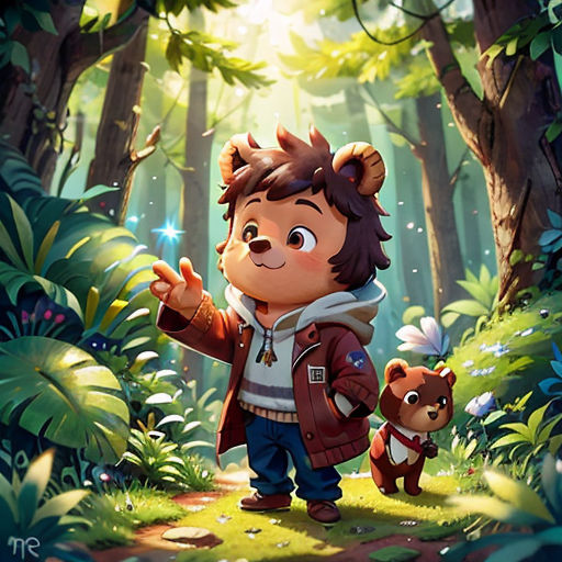 a cartoon bear and a little boy in the woods with a bear cub in hand and a bear cub in the foreground