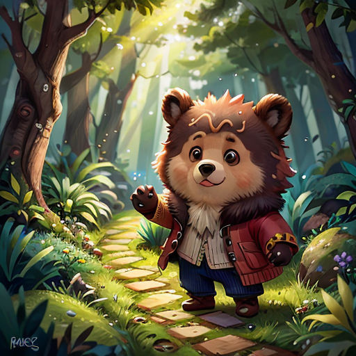 a bear in a forest with a jacket on and a path leading to it with trees and grass on both sides