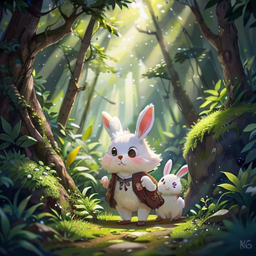 a rabbit and her baby are in the woods together, with sunlight streaming through the trees behind them and a forest scene behind them