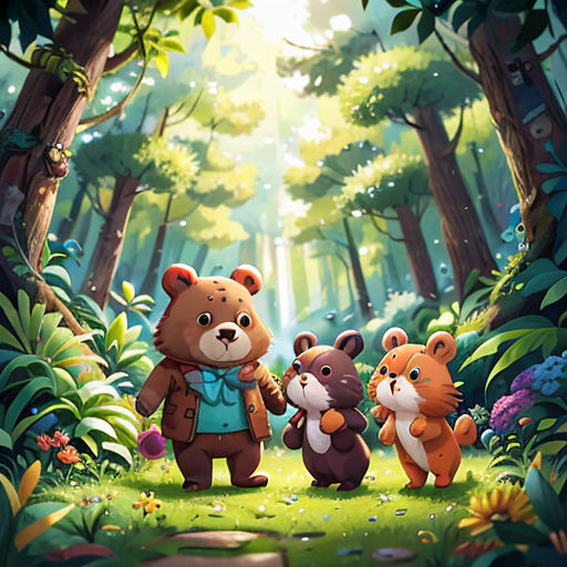 a group of bears standing in the middle of a forest with a bear cub in the middle of the forest