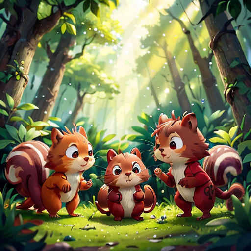 a group of squirrels standing in the middle of a forest with trees and grass around them, with sunlight streaming through the trees