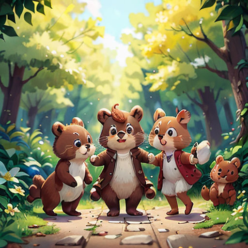 a group of animals standing on a forest road next to a forest filled with trees and flowers, with a person holding a camera