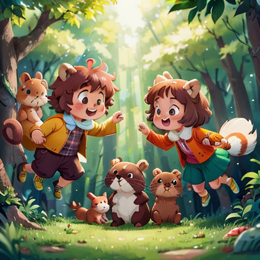 a group of children playing in the woods with animals and a forest background with sunlight shining through the trees