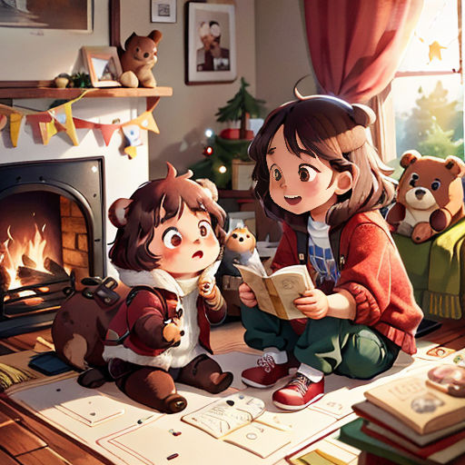 a girl sitting on the floor reading a book next to a fire place with a teddy bear and a girl sitting on the floor