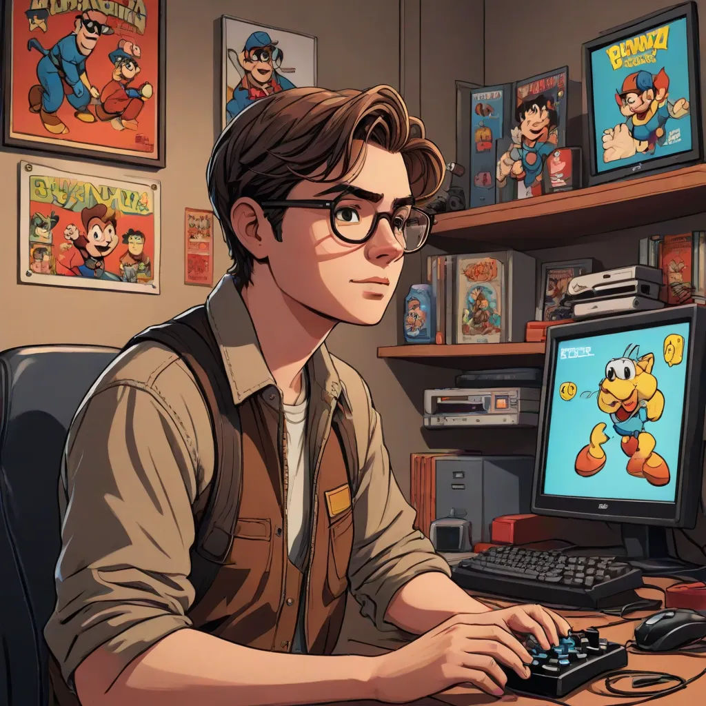 a man sitting at a computer desk with a keyboard and mouse in front of him and a bunch of cartoon characters on the wall, neogeo, computer graphics, Eddie Mendoza, game art
