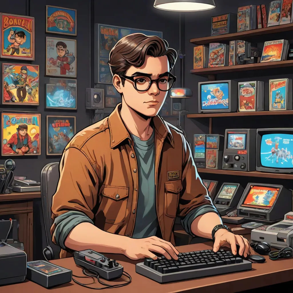 a man sitting at a desk with a keyboard and mouse in front of a wall of video games and video games, sots art, a character portrait, Dan Mumford, game art