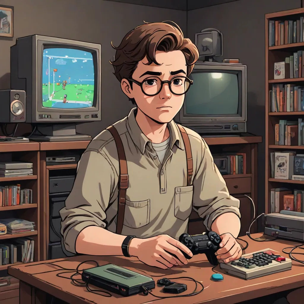 a man sitting at a desk with a game controller and a game controller in front of him and a television in the background, neogeo, a character portrait, Akira Toriyama, game art