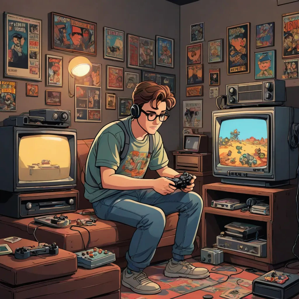 a man sitting on a couch playing a video game in front of a tv set with a game controller, neogeo, pixel art, Dan Mumford, nostalgic