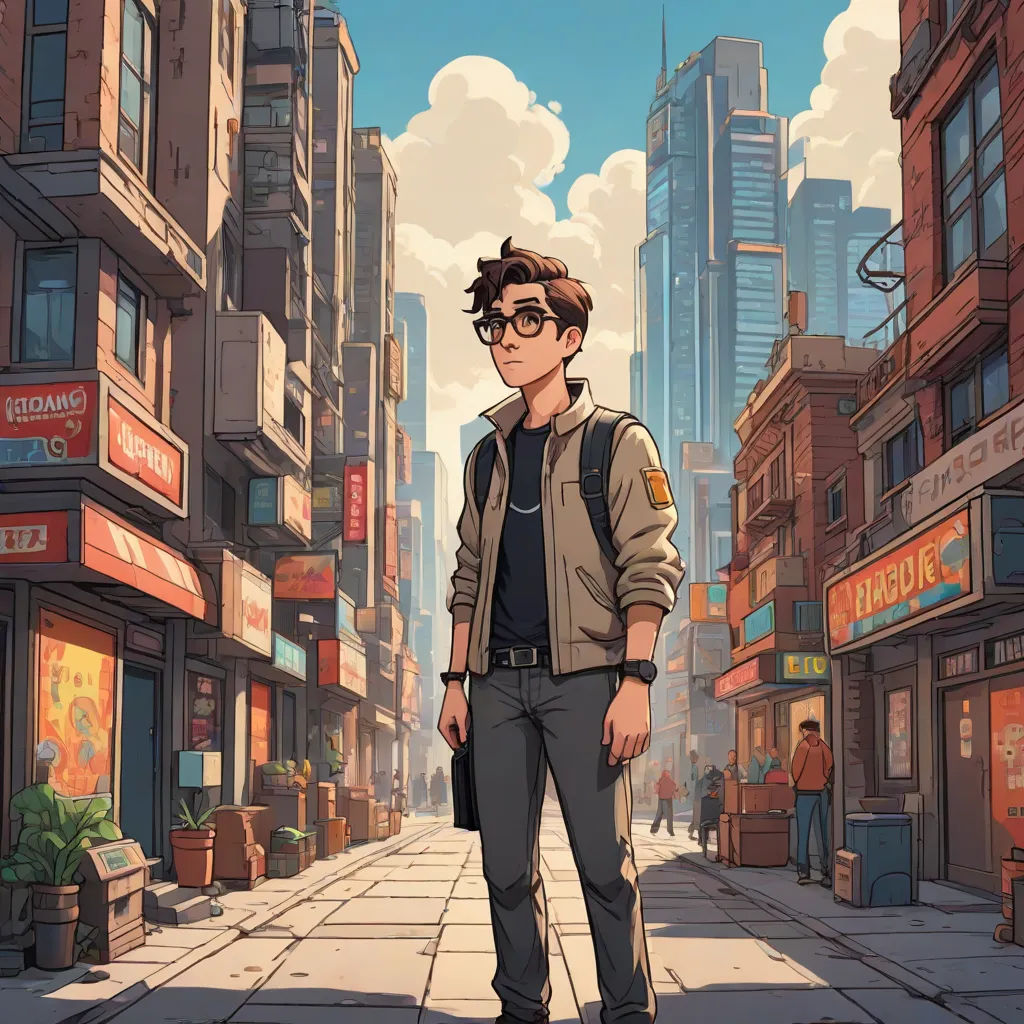 a man standing on a city street in front of a tall building with a clock on it's side, retrofuturism, a comic book panel, Cedric Seaut (Keos Masons), rossdraws global illumination