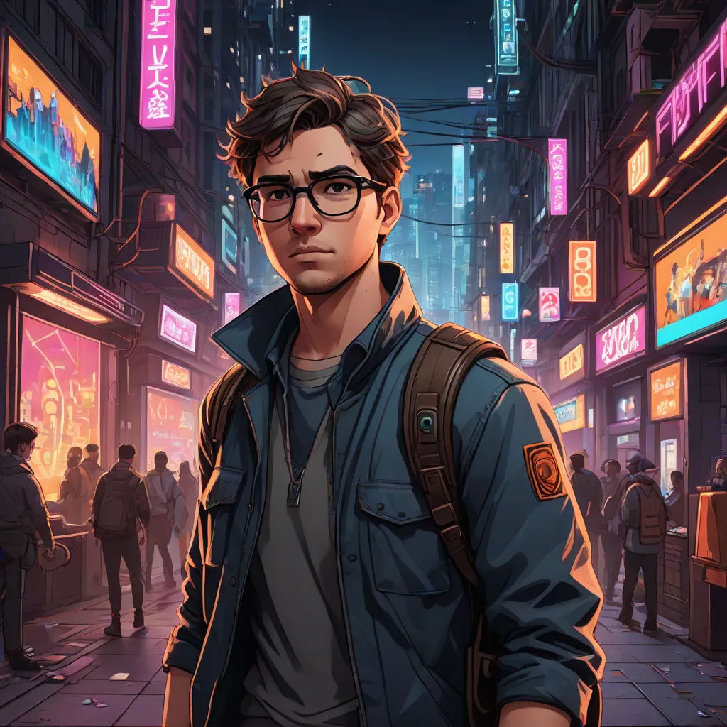 a man in a city street with neon signs and neon lights on the buildings and people walking around him, sots art, a character portrait, Cedric Seaut (Keos Masons), rossdraws global illumination