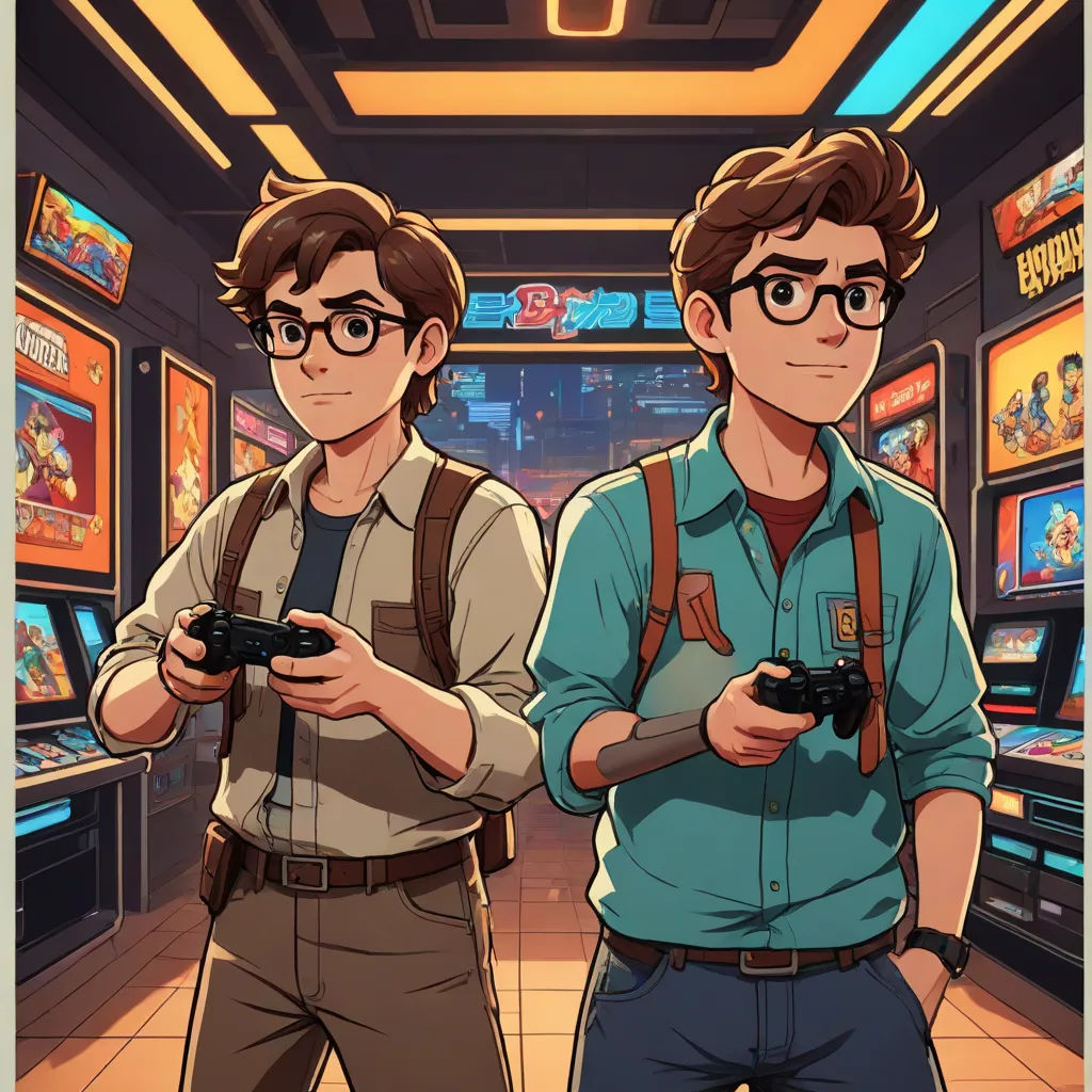 two men standing in a room holding game controllers in their hands and looking at the screen of the video game, sots art, concept art, Brothers Hildebrandt, rossdraws global illumination