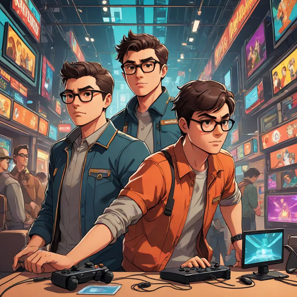 two men are playing a video game in a store with a lot of monitors and video game controllers on the table, rayonism, concept art, Artgerm, rossdraws global illumination