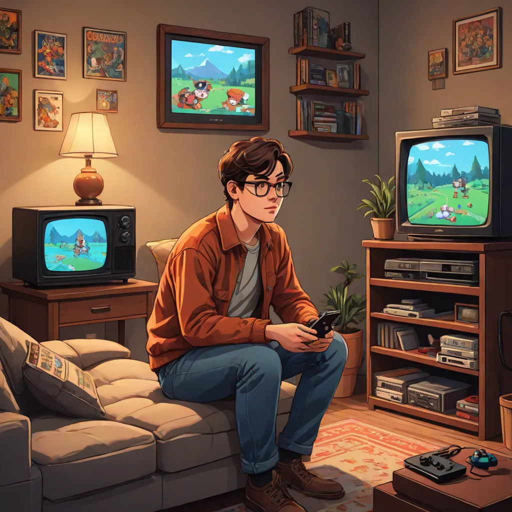 a man sitting on a couch in front of a tv playing a video game on a nintendo wii controller, sots art, pixel art, Chris LaBrooy, game art