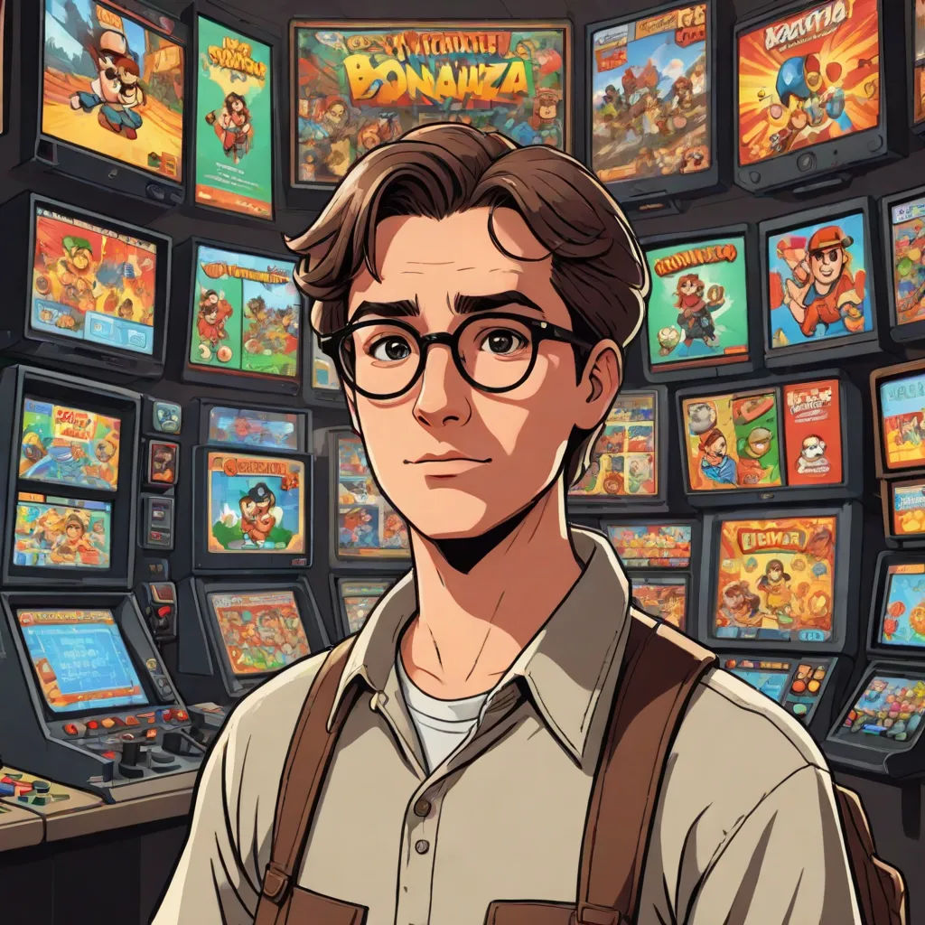a man in glasses and a backpack standing in front of a wall of video games and video games on the walls, serial art, a character portrait, Asaf Hanuka, game art