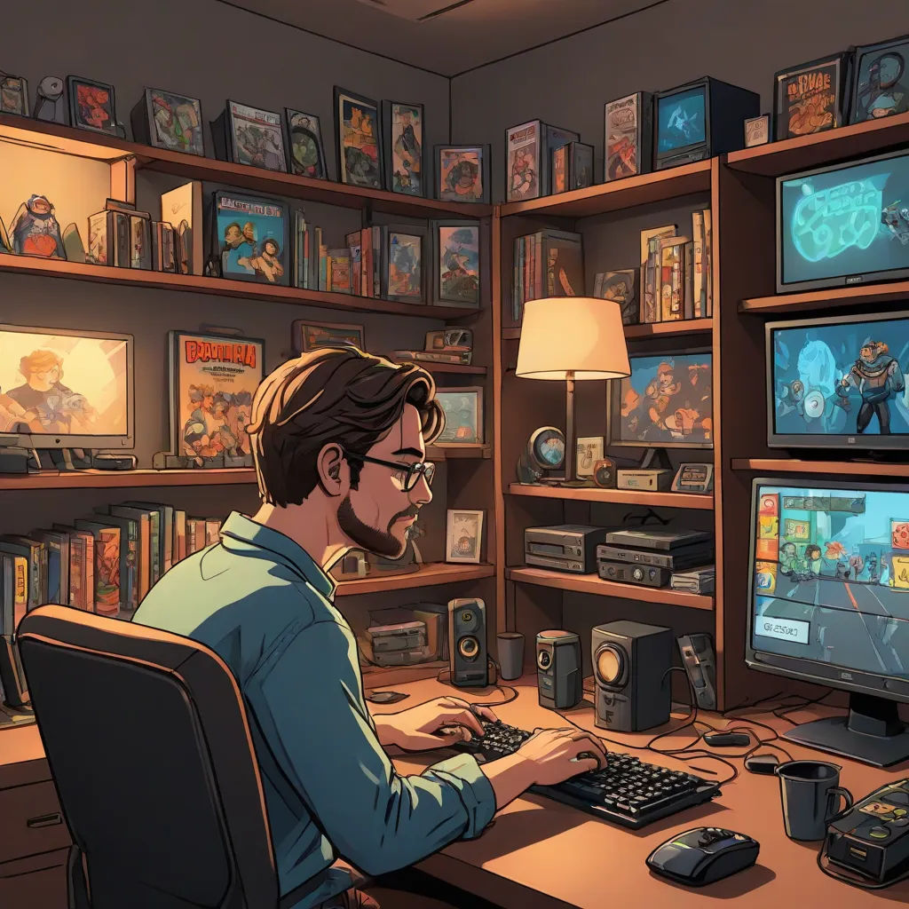 a man sitting at a computer desk in front of a monitor and keyboard with a lot of video games on the shelves, maximalism, computer graphics, Dan Mumford, dan mumford. octane render