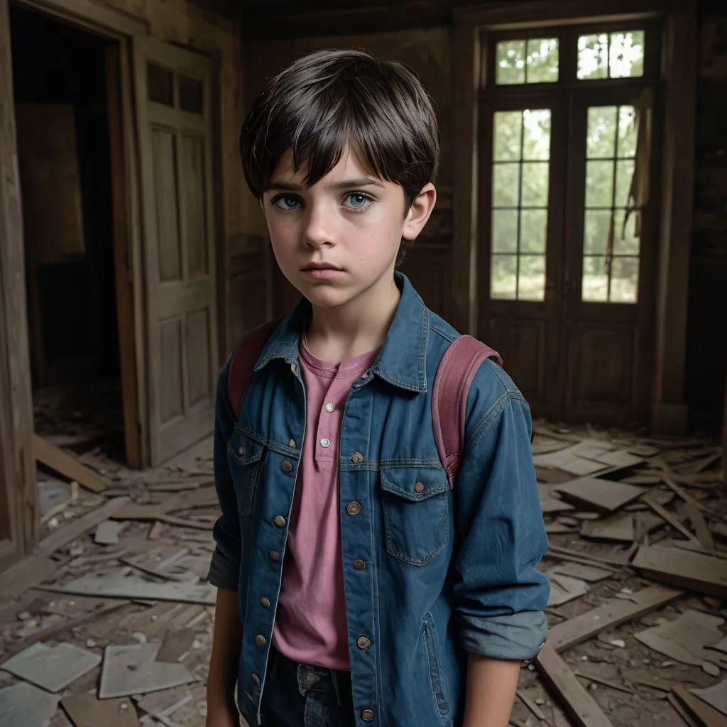 a young boy standing in a room with broken walls and a door in the background with a broken window, paris school, a character portrait, Diego Gisbert Llorens, promotional image