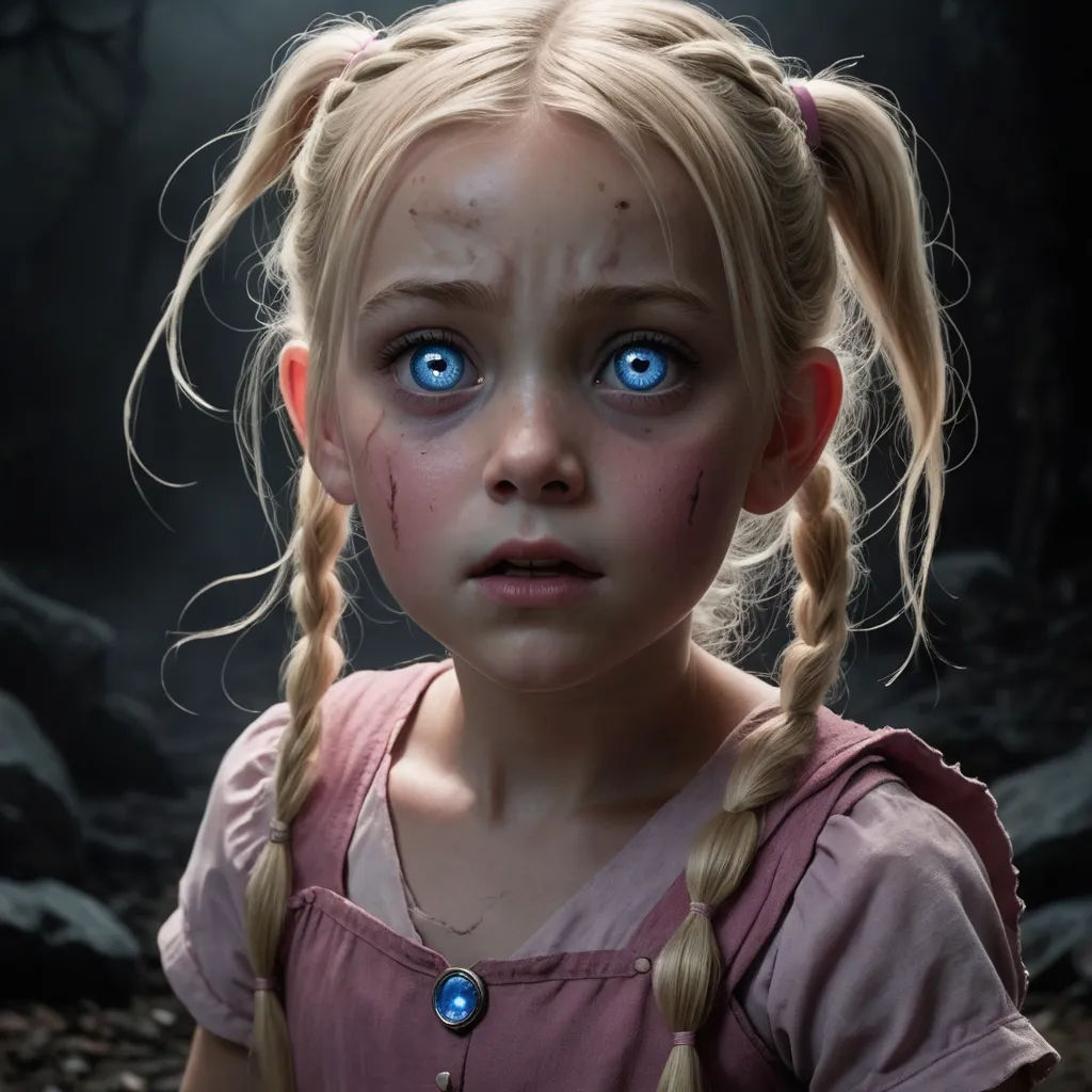 a young girl with blue eyes and a creepy look on her face, with a creepy look on her face, photorealism, a photorealistic painting, Dirk Crabeth, ultra realistic digital art