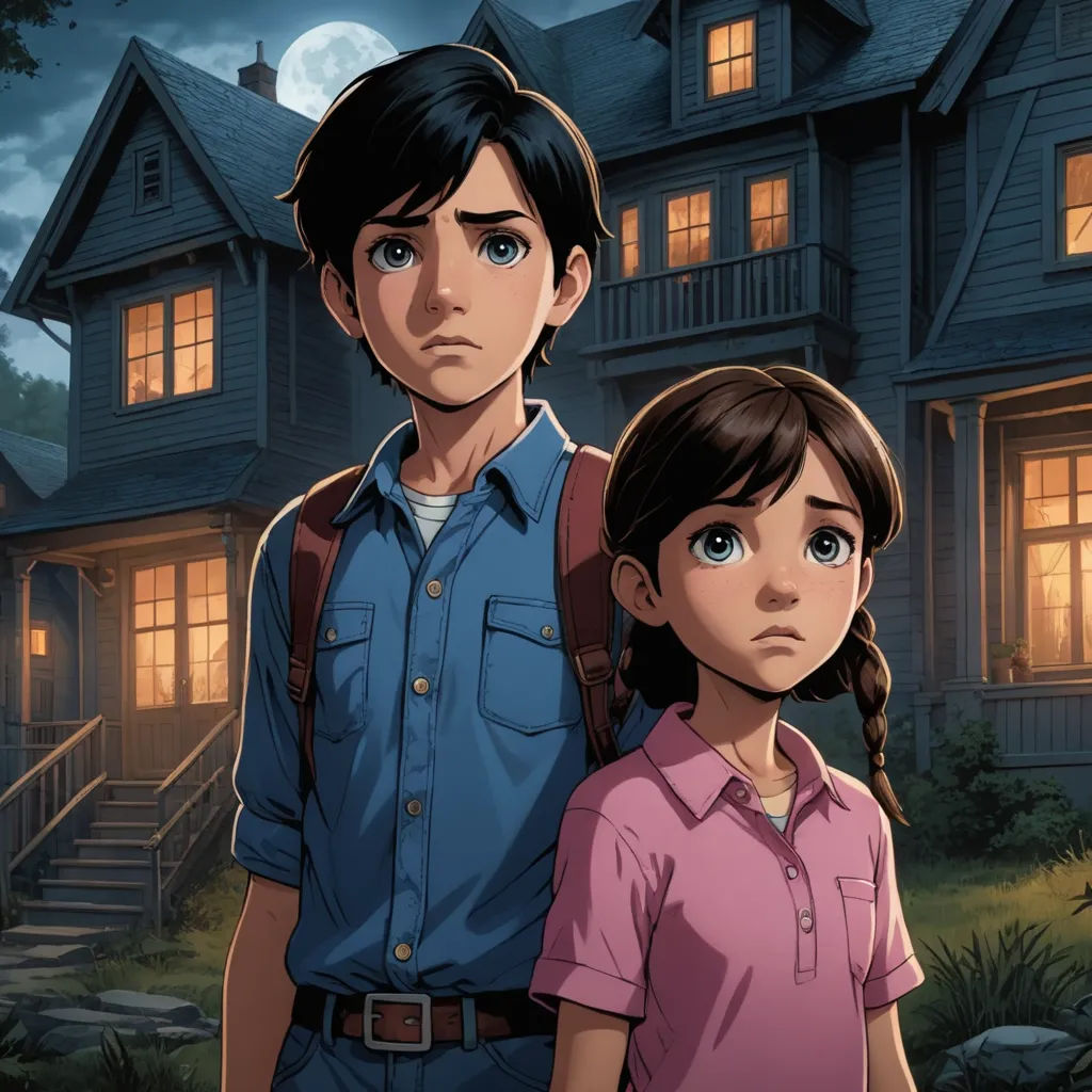 a man and a woman standing in front of a house at night with the moon shining on the windows, northwest school, poster art, Cliff Childs, key art