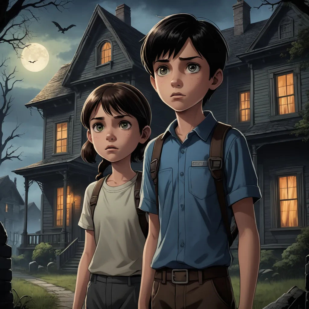 a boy and a girl standing in front of a house at night with a full moon in the background, sots art, concept art, Diego Gisbert Llorens, key art