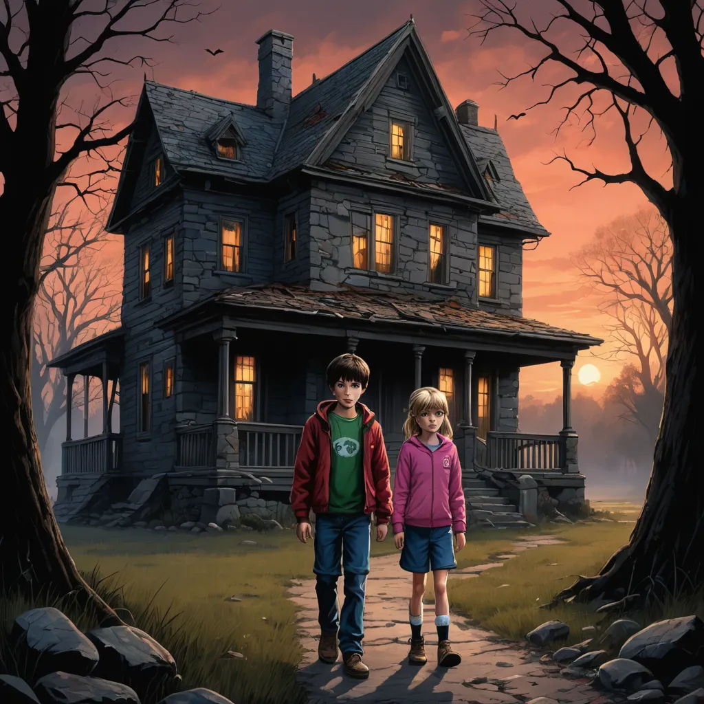 a painting of two children walking towards a house at night with a full moon in the background and a creepy tree, international gothic, a storybook illustration, Bob Byerley, promotional image