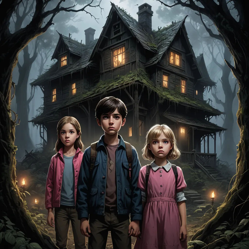 a group of children standing in front of a house with candles in the dark forest at night time,, sots art, poster art, Bob Byerley, key art
