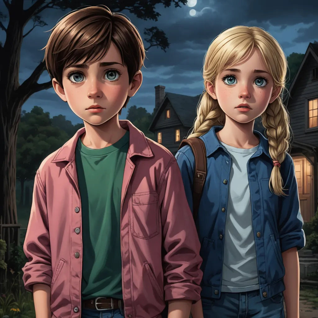 a couple of people standing next to each other in front of a house at night with a full moon, sots art, concept art, Felix-Kelly, key art