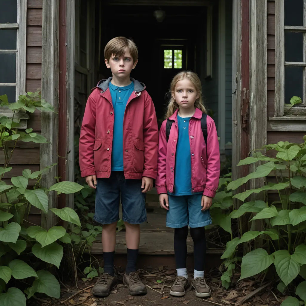 two children standing in front of a doorway with green plants in the background and a red jacket on their shoulders, international gothic, a poster, Armin Hansen, promotional image
