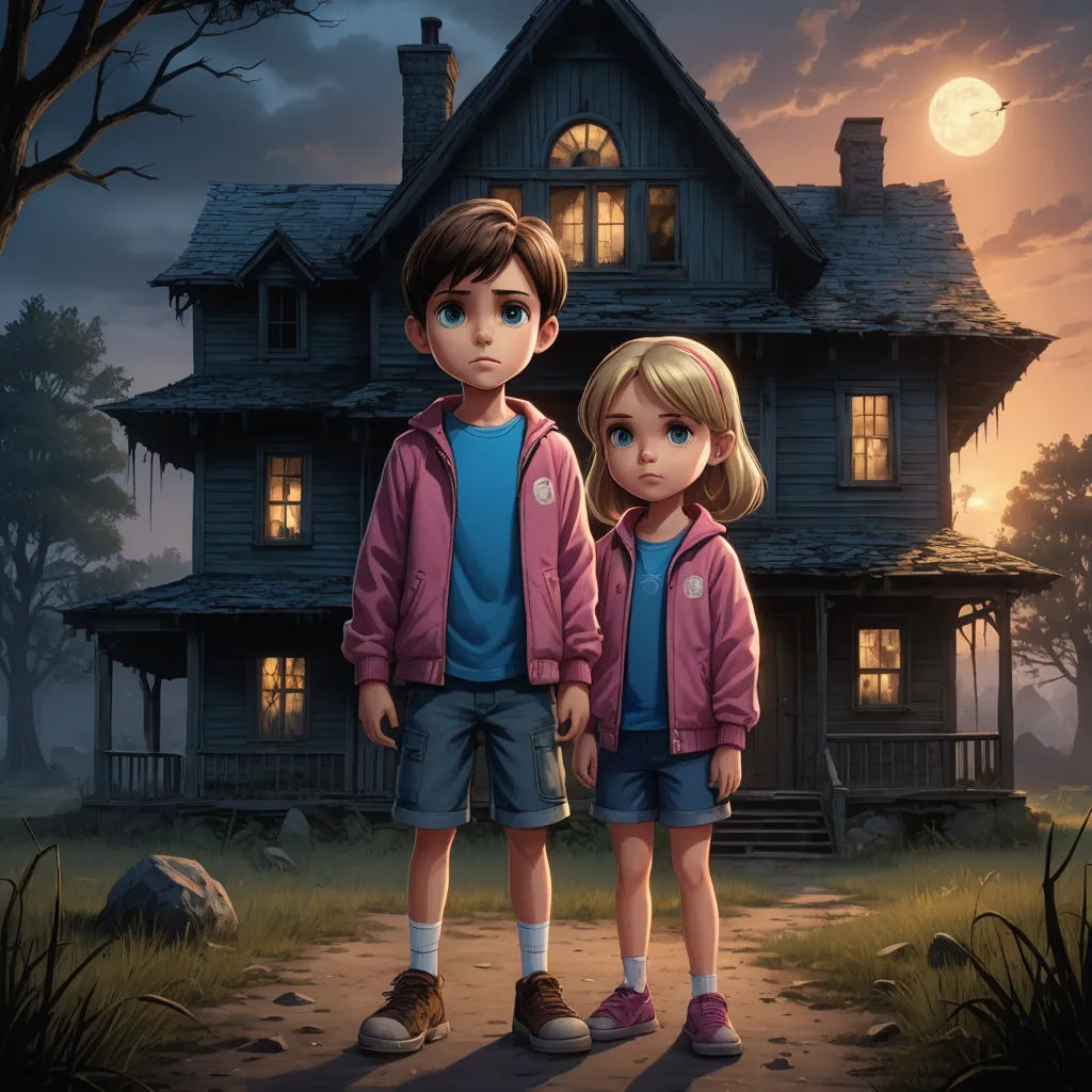 a couple of kids standing in front of a house at night with a full moon in the background and a full moon in the sky, sots art, a storybook illustration, Diego Gisbert Llorens, key art
